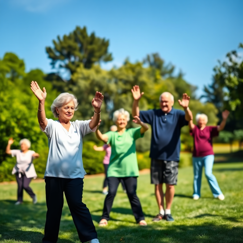 A group of senior citizens participating in a Tai Chi class in a park. The participants are relaxed and focused. The background includes lush greenery and a clear blue sky. The image should convey healthy living and community. Photorealistic.
