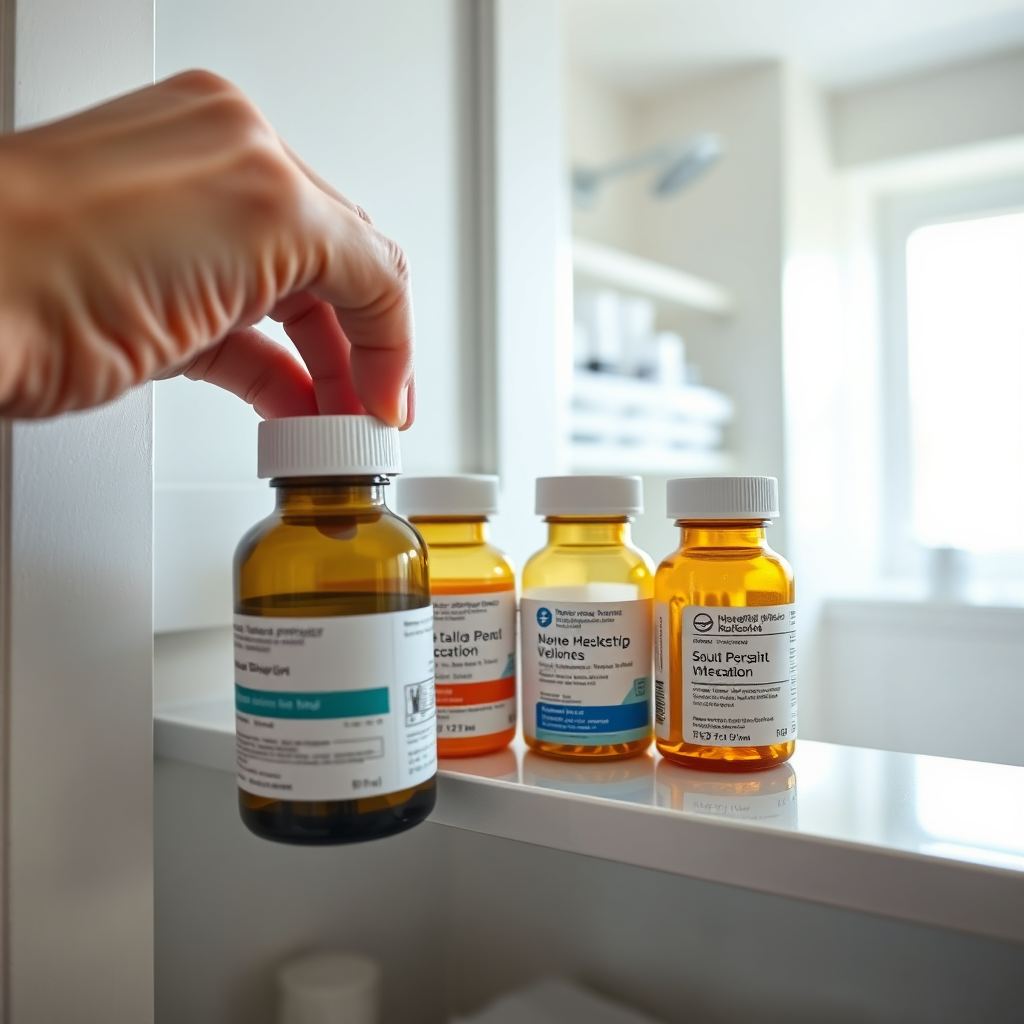 A hand carefully placing prescription bottles into a medicine cabinet. The bottles are labeled with common medications. The background is a clean, well-lit bathroom. The image should convey a sense of responsibility and health management. Photorealistic.