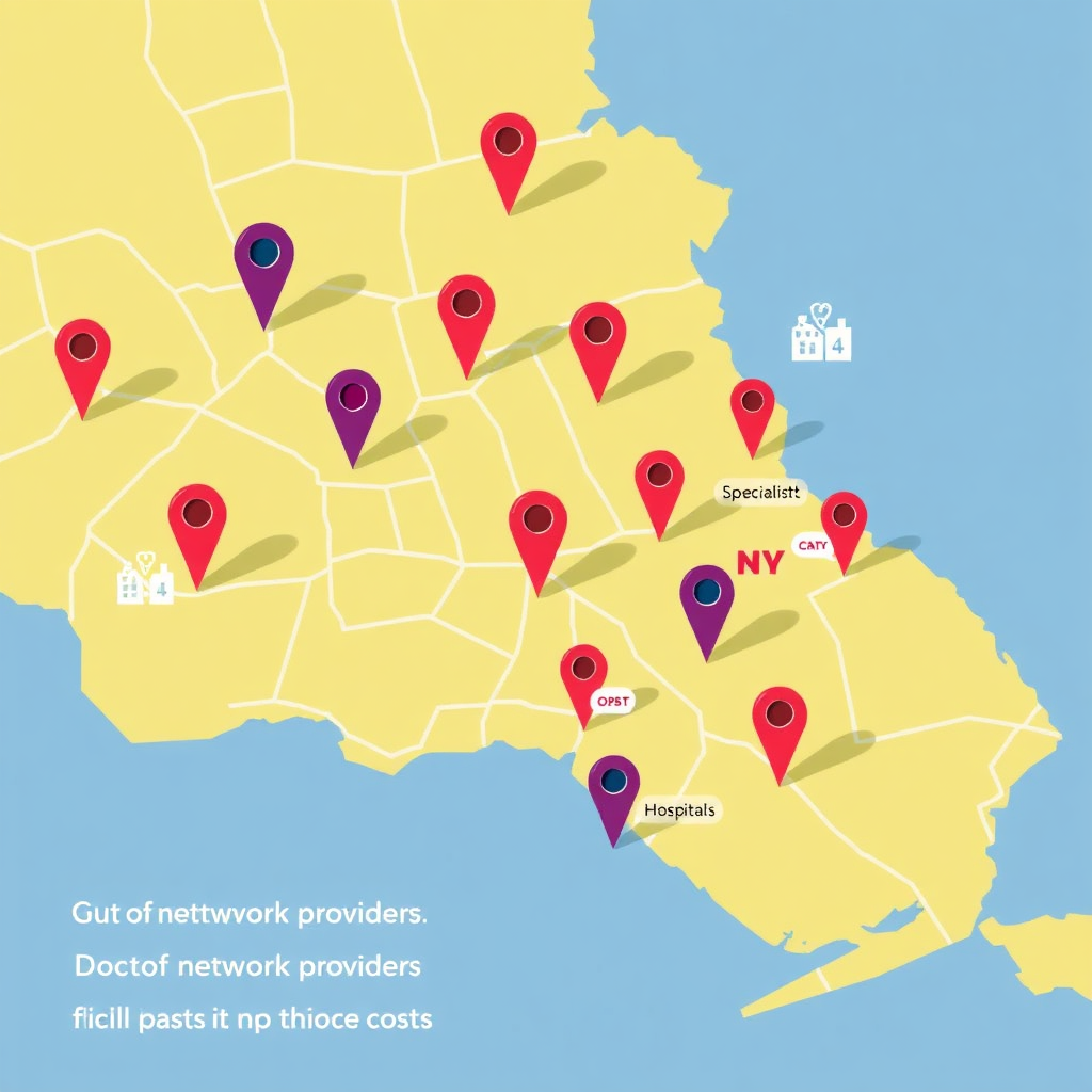 A map with pins marking various healthcare providers (doctors, specialists, hospitals) spread across a city. The pins representing out-of-network providers are slightly faded, symbolizing the higher costs associated with them. The image should convey flexibility and choice. Stylized.