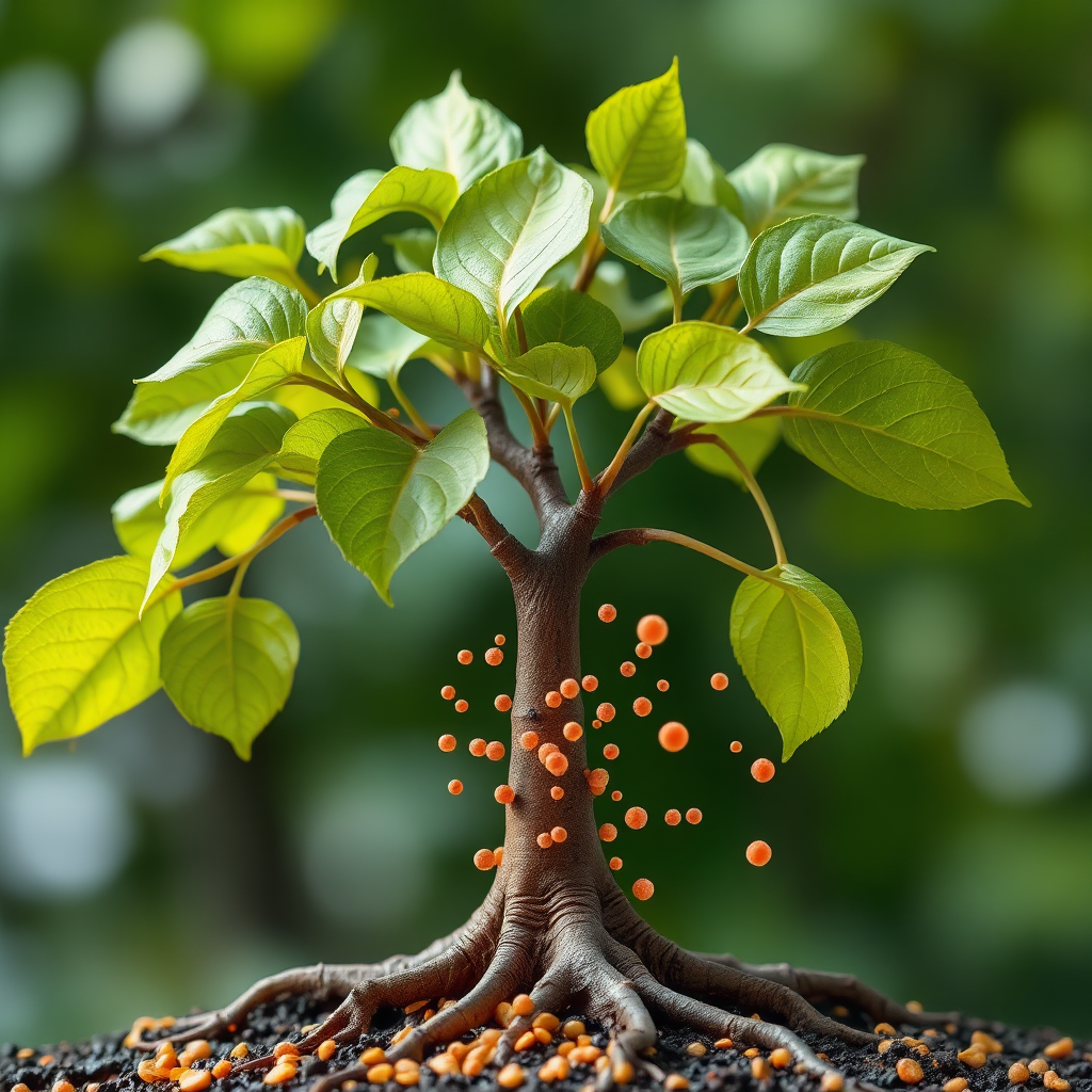 A metaphoric image of a tree: The leaves (representing bad breath symptoms) are wilting, but the roots (bacterial imbalance) are being nourished with Prodentim. The nourishing element should be visually represented as tiny, happy bacteria flowing towards the roots. Use vibrant colors to emphasize the concept of health and revitalization.