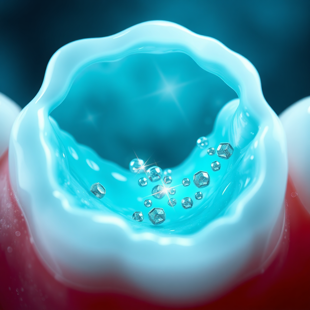 A microscopic view of tooth enamel being fortified with Prodentim. The enamel should appear strong and resilient, with the Prodentim elements depicted as tiny, protective shields bonding to the enamel surface. The color scheme is a blend of cool blues and greens, conveying strength and protection, with a subtle sparkle effect to indicate the strengthening process. The style is scientifically accurate yet visually engaging.
