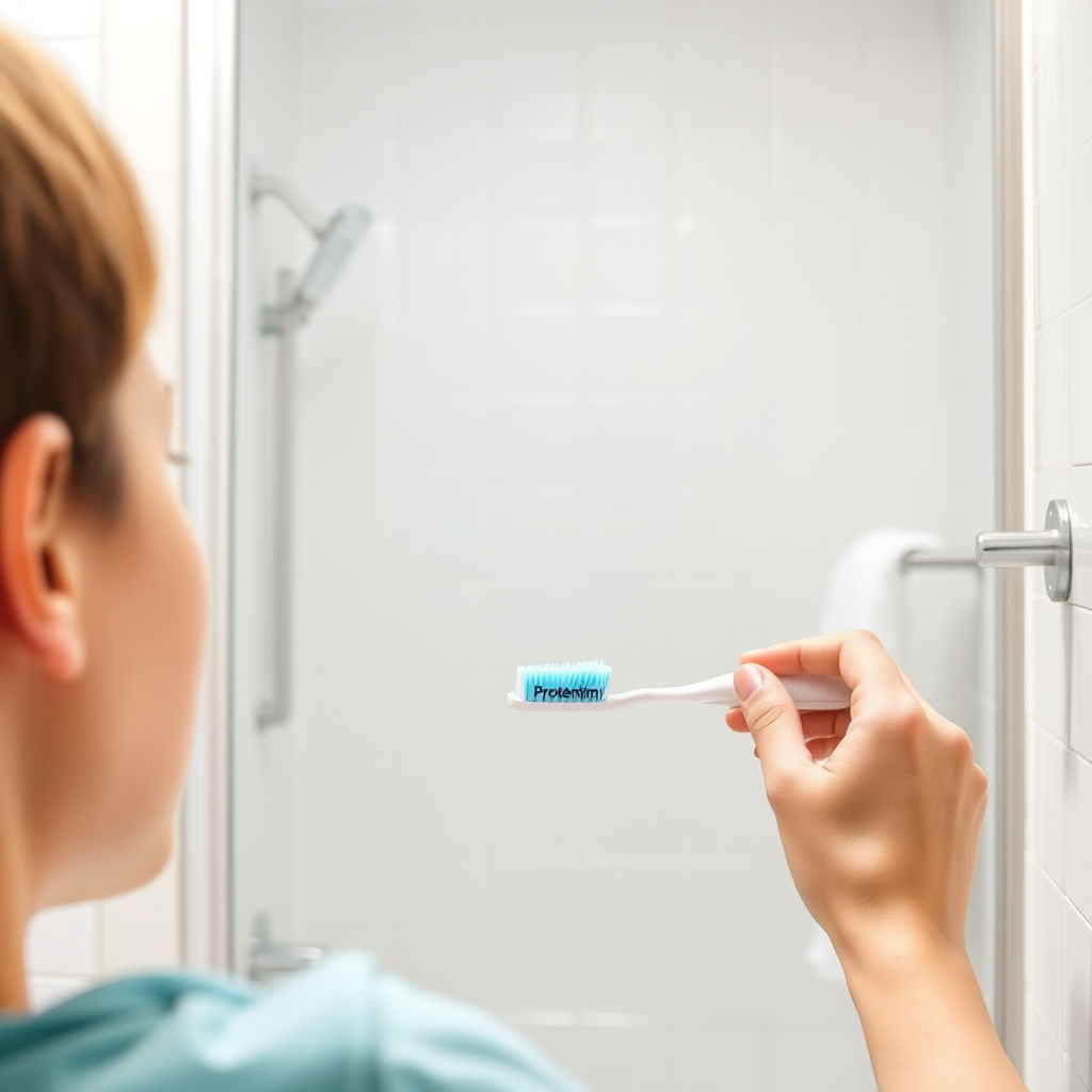 A person brushing their teeth in a well-lit bathroom, with Prodentim clearly visible on the toothbrush. The scene should depict a normal, everyday routine, emphasizing the ease of incorporating Prodentim into daily life. The color palette is bright and clean, with a focus on white and pastel colors. The style is realistic and approachable.