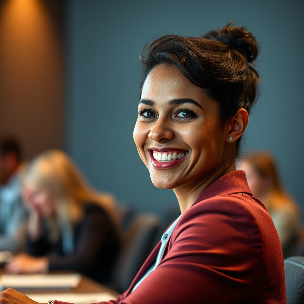 A person confidently smiling in a professional setting, like a presentation or meeting. The lighting focuses on their face, highlighting their genuine and assured expression. The background subtly blurs to keep the focus on the individual's confident demeanor. The style is photorealistic, aiming to capture a moment of self-assuredness and the impact of a healthy smile on personal presentation. The color scheme is warm and inviting, with pops of professional colors like navy blue and grey in the background.