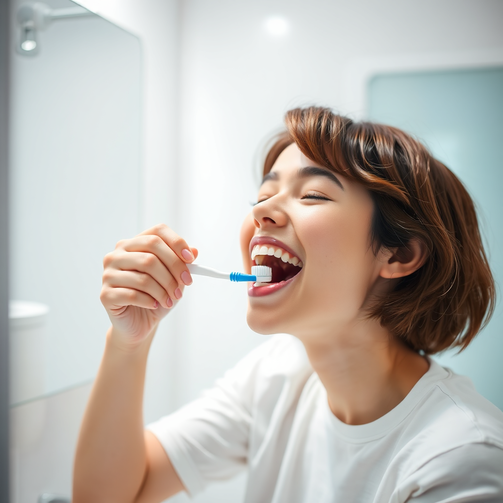 A person diligently brushing and flossing their teeth in a well-lit bathroom. The scene should convey the importance of daily oral hygiene. The color palette is bright and clean, with a focus on white and pastel colors.