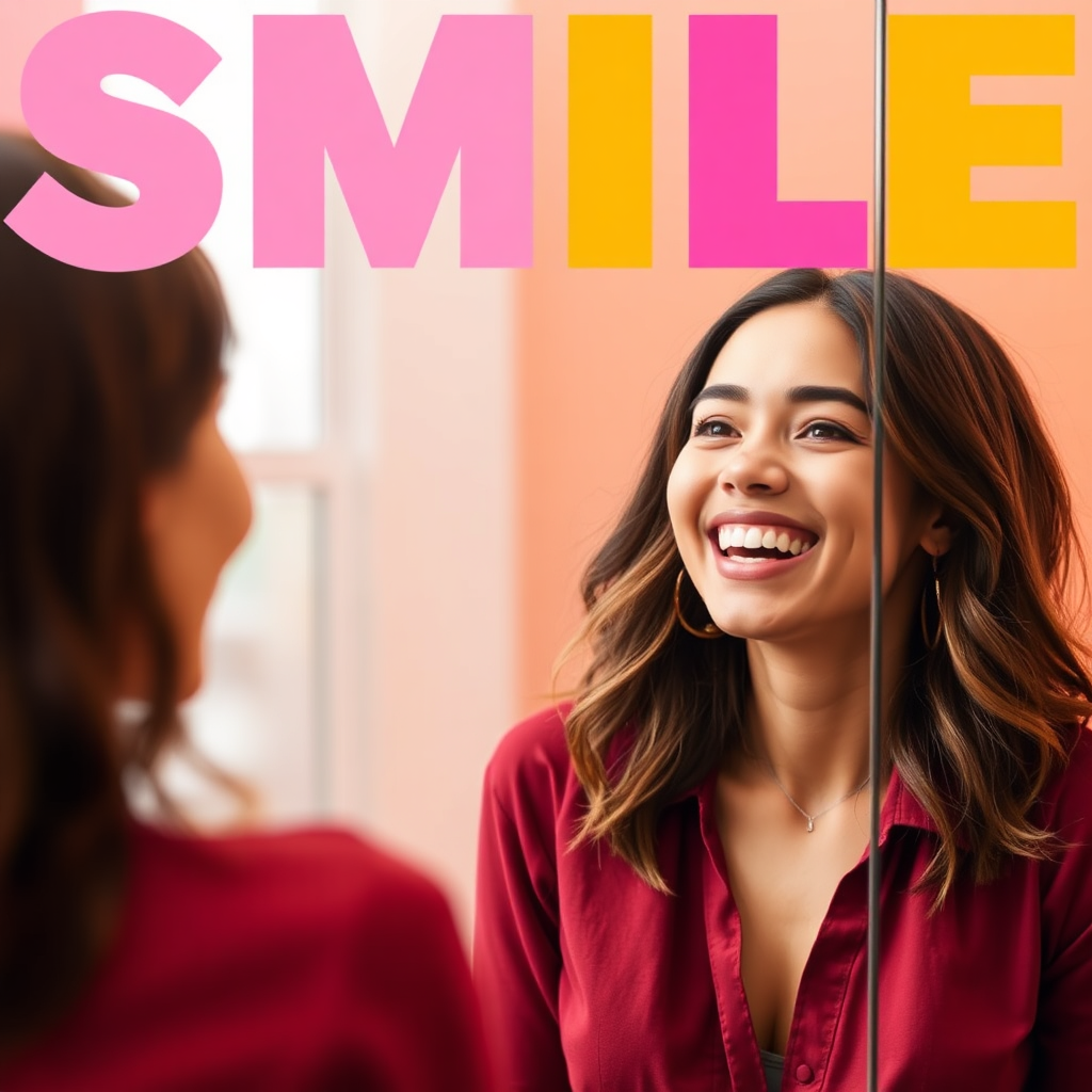 A person looking at themselves in the mirror with a confident smile, radiating self-assurance. The image should convey the positive impact of a smile on self-esteem. The color palette is bright and empowering, with a focus on warm colors.