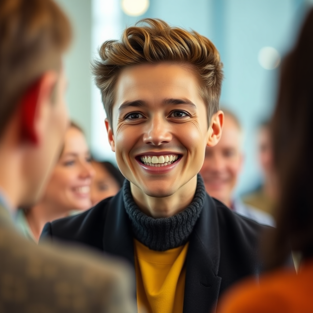 A person making a positive first impression with a genuine smile, such as in a job interview or social gathering. The scene should convey the power of a smile in building relationships. The color scheme is friendly and approachable, with a focus on warm tones.