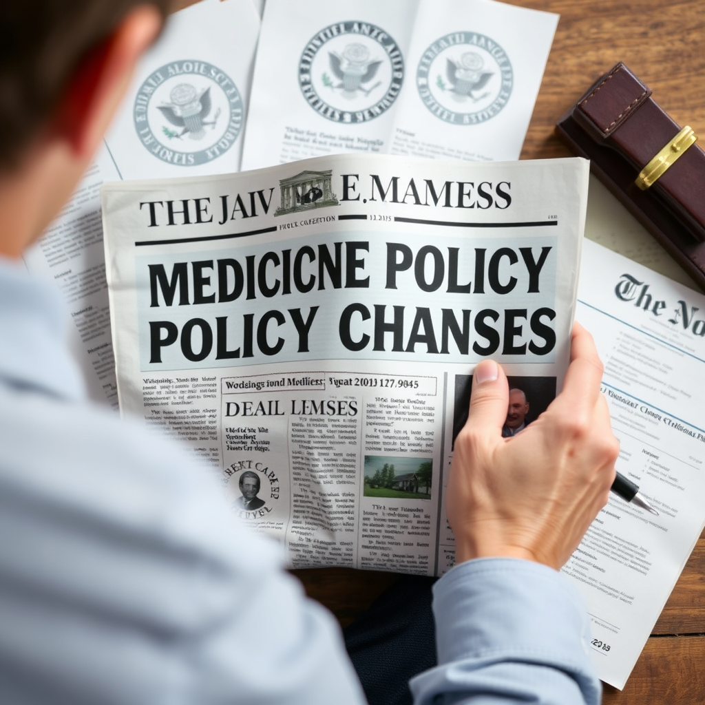 A person reading a newspaper with headlines about Medicare policy changes. The newspaper is surrounded by legal documents and government seals. The image should convey the importance of staying informed. Photorealistic.
