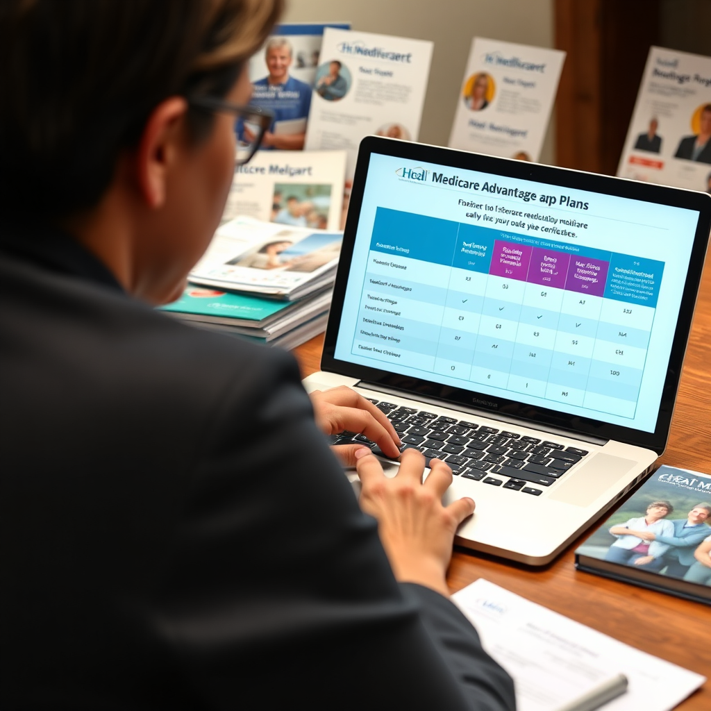 A person sitting at a desk with a laptop, researching Medicare Advantage plans online. The screen displays a comparison chart with different plan options. The background includes brochures and pamphlets about Medicare. The image should convey research and informed decision-making. Photorealistic.