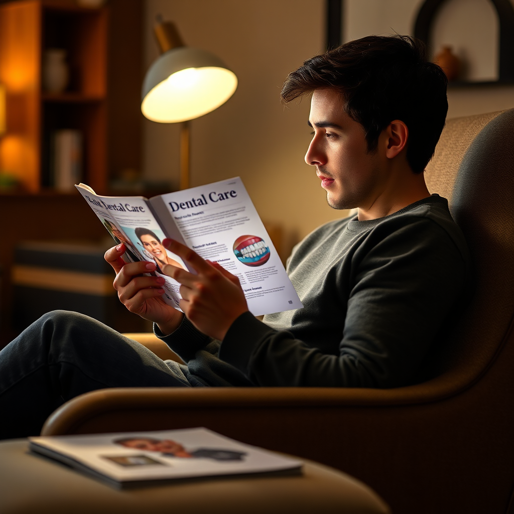 A person sitting in a comfortable chair, reading about dental care. The lighting is cozy, highlighting the person's interest. The colors are warm and inviting. The background is a well-lit scene with a dental brochure.