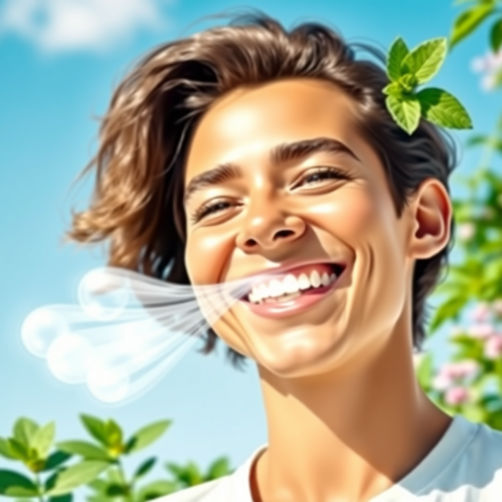 A person smiling confidently, exhaling a visible wave of fresh, clean air. The background is a vibrant, refreshing environment with natural elements like mint leaves and a clear blue sky. The color palette focuses on light greens, blues, and whites to represent freshness and cleanliness. The style is slightly stylized, aiming to capture the feeling of invigoratingly fresh breath.