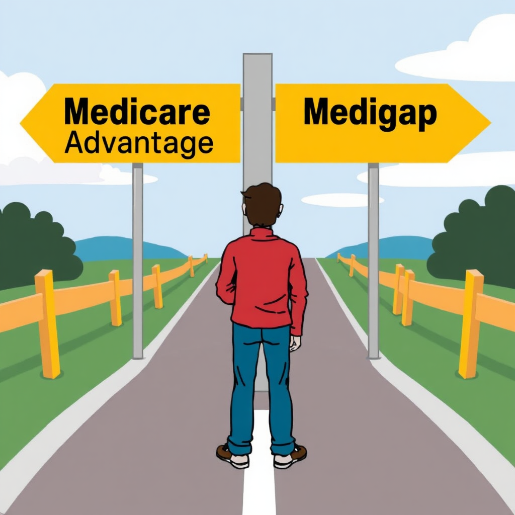 A person standing at a crossroads, with signs pointing towards 'Medicare Advantage' and 'Medigap'. The person is thoughtfully considering which path to take. The image should convey decision-making and individual needs. Stylized.