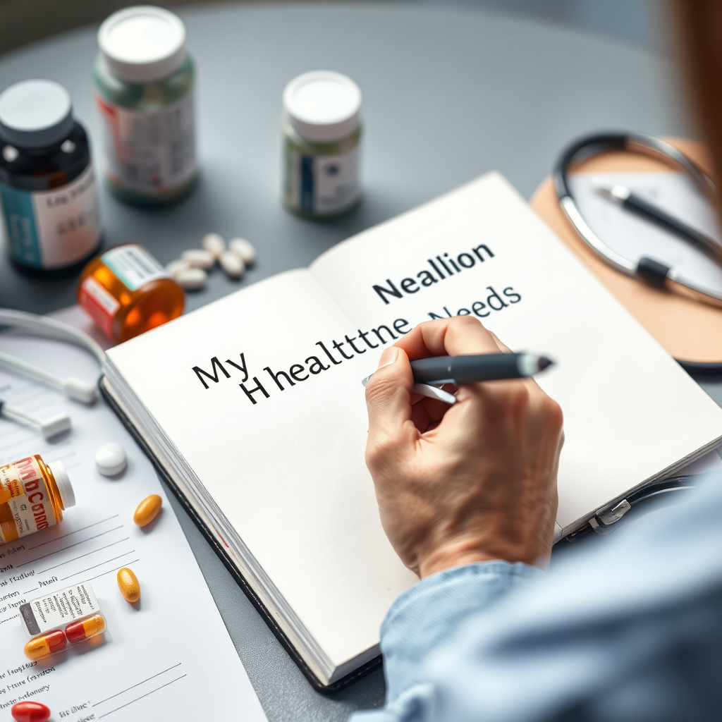 A person thoughtfully writing in a notebook, titled 'My Healthcare Needs', with a pen in hand. The notebook is surrounded by common medical items such as pill bottles and a stethoscope. The image should convey thoughtful planning and self-assessment. Photorealistic.