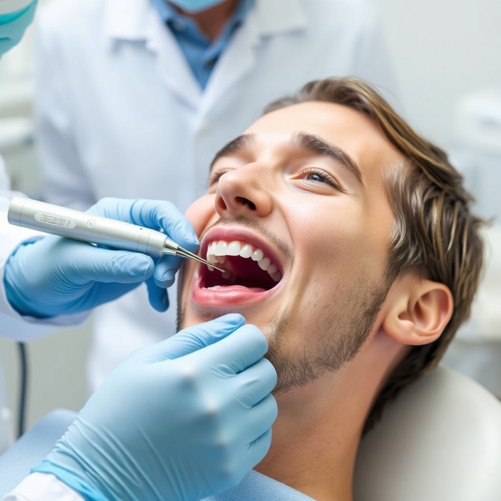 A person undergoing a dental check-up, with the dentist examining their teeth. The scene should convey the importance of professional care. The color scheme is clean and professional, with a focus on white and blue.