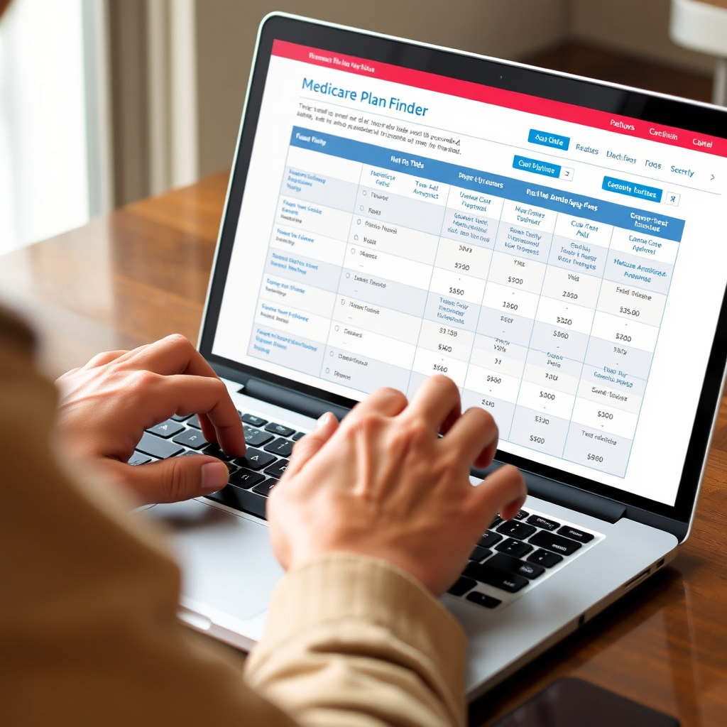 A person using the Medicare Plan Finder tool on a laptop, comparing different Medicare Advantage plans. The screen displays a table with various plan features and costs. The image should convey research and comparison. Photorealistic.