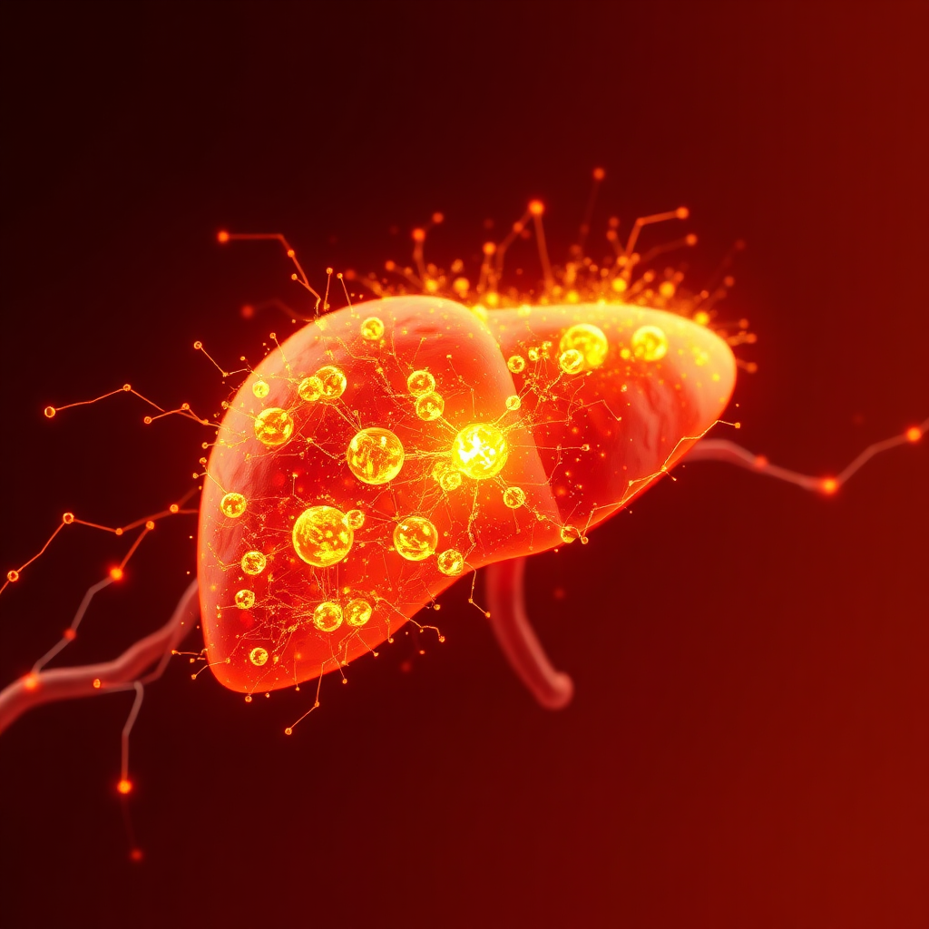 A photorealistic 8K image depicting the liver's role in metabolism as a dynamic energy factory. Visualize glucose molecules being converted into energy within the liver cells, represented as glowing sparks and flowing energy pathways. Use a color palette of warm oranges, yellows, and reds to represent the energy production process. The background should be a deep brown, creating a sense of depth and warmth. The camera angle should be slightly above, providing an overview of the energy factory. Add subtle animation effects to the energy pathways to symbolize their flow. The overall style should be modern and abstract, conveying the complexity of the metabolic process in a visually engaging way. Style reference: biological illustration meets energy visualization.