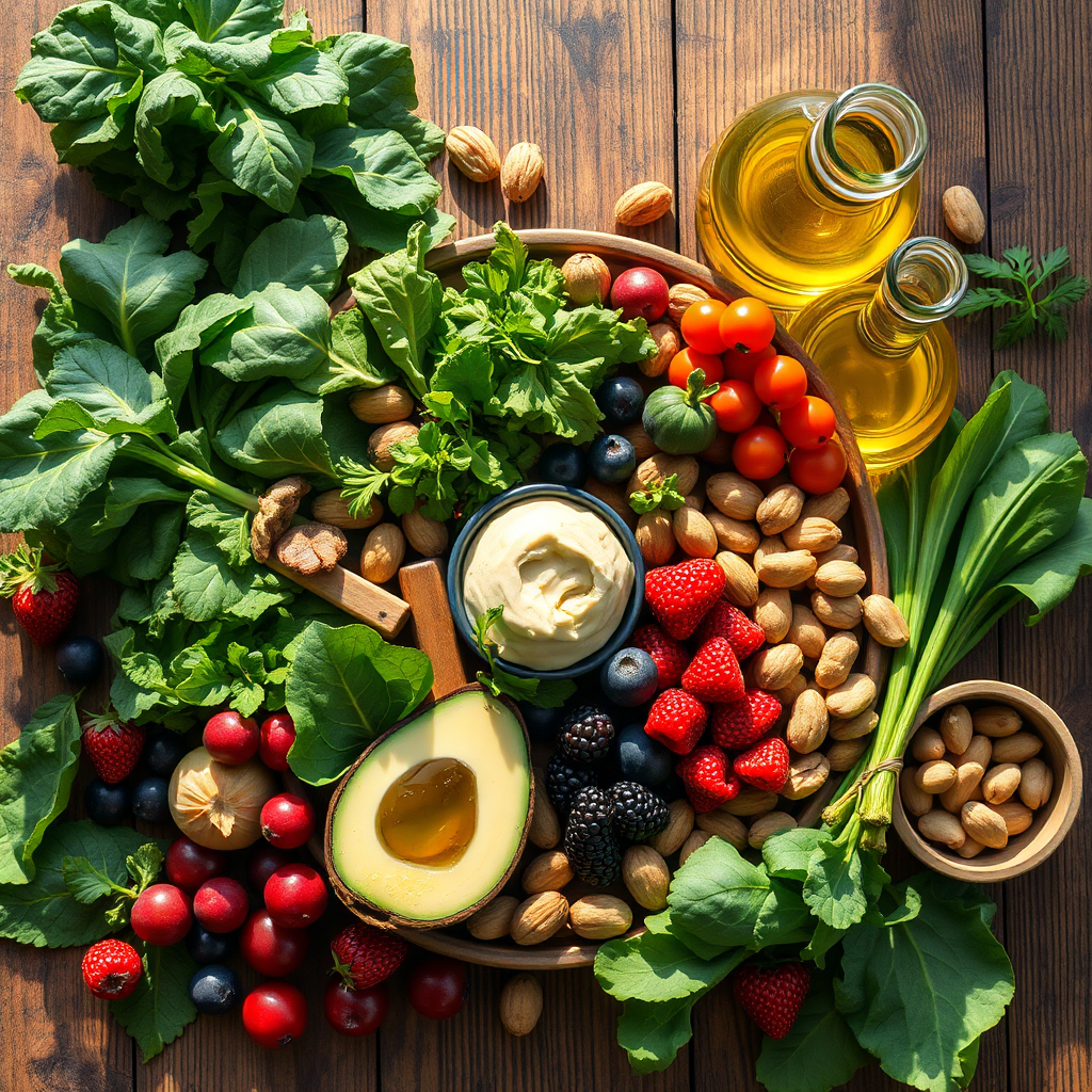 A photorealistic 8K image showcasing a vibrant and colorful array of liver-friendly foods, such as leafy green vegetables, berries, nuts, and olive oil. Arrange the foods in an aesthetically pleasing composition, bathed in warm, natural sunlight. The background should be a rustic wooden table, adding a touch of warmth and authenticity. The camera angle should be slightly above, providing an overview of the entire food arrangement. Focus on rendering realistic textures for the different foods. The overall image should be inviting and appealing, encouraging viewers to adopt a healthier diet. Style reference: food photography meets hyperrealism.