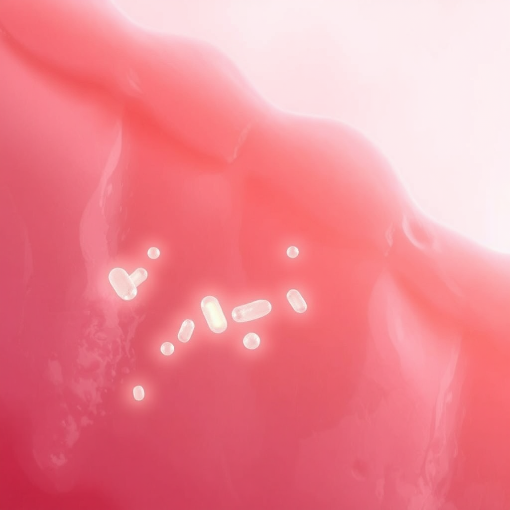A photorealistic, close-up image showcasing healthy pink gums supported by a balanced ecosystem of beneficial bacteria. The bacteria are depicted as tiny, glowing orbs that gently interact with the gum tissue, promoting its health and resilience. The background is a soft gradient of pink and white, creating a sense of well-being. The lighting is soft and diffused, highlighting the healthy texture of the gums. The style is scientific and reassuring, emphasizing the benefits of Prodentim for gum health.