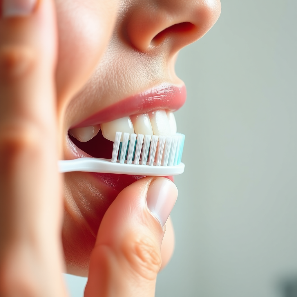 A photorealistic close-up image of a hand gently holding a soft-bristled toothbrush angled at 45 degrees against healthy pink gums and gleaming teeth. The lighting is soft and diffused, highlighting the texture of the gums and the bristles of the brush. Focus is razor-sharp on the interaction between the brush and gum line. The background is a blurred, clean white bathroom setting. The color palette is clean and bright, with pinks, whites, and subtle blues. Style is minimalist and modern, emphasizing health and hygiene.