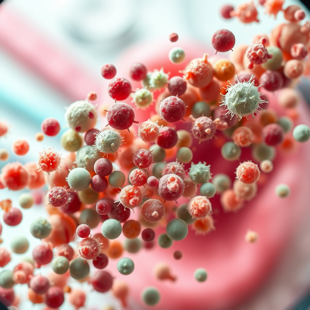 A photorealistic close-up of a diverse colony of bacteria under a microscope. Some bacteria are vibrant and healthy, while others appear sickly and decaying, emphasizing the concept of bacterial imbalance in the mouth. The background should be a blurred gradient of dental tools and a healthy pink tongue. This is meant to visually represent unhealthy bacteria overpowering good bacteria.