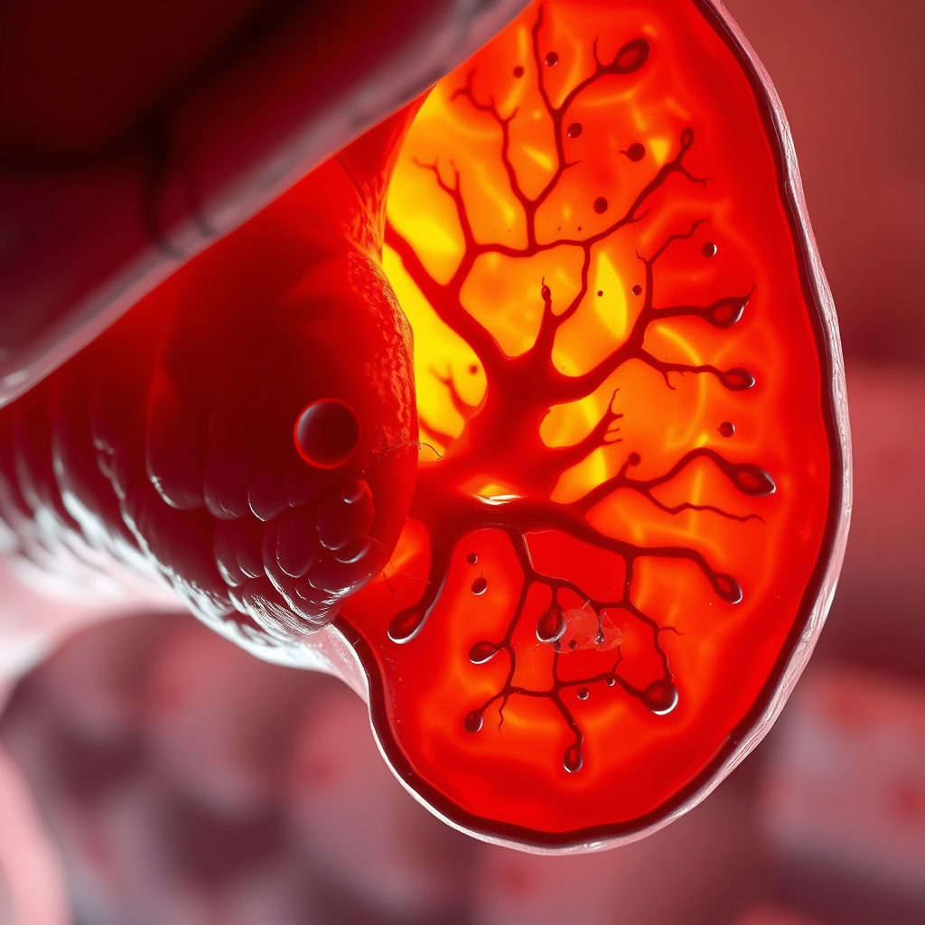A photorealistic image depicting a detailed cross-section of a healthy liver, showcasing its intricate network of cells and blood vessels. The lighting highlights the different structures within the liver, creating a sense of depth and complexity. The color palette should be dominated by reds, browns, and yellows, reflecting the natural colors of the liver tissue. The camera angle should be a close-up shot, emphasizing the details of the liver's internal structure. Textures should be highly detailed, showcasing the smooth surface of the cells and the delicate walls of the blood vessels. Style: Microscopic realism. Render in 8k.