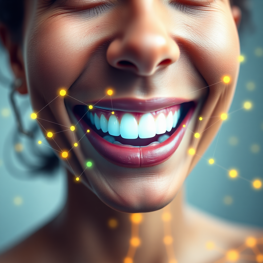 A photorealistic image depicting a healthy, beaming smile overlaid subtly with interconnected nodes representing the body's systems. The smile should be the focal point, with the nodes branching out like a neural network, symbolizing the connection between dental health and overall wellness. The color palette uses vibrant blues and greens for health, and warm yellows and oranges for energy. The environment is a soft, blurred background. The style is modern and informative, suitable for a health-related article.