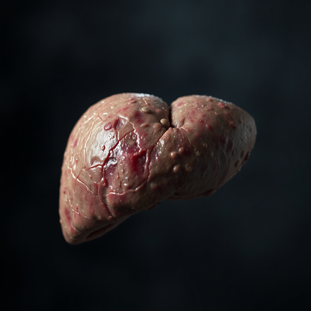 A photorealistic image depicting a stressed liver. The liver should appear slightly inflamed and congested, with a dull, muted color. The background should be dark and blurry, creating a sense of unease and discomfort. The lighting should be dim and harsh, emphasizing the negative aspects of liver overload. The camera angle should be a close-up shot, focusing on the texture and appearance of the stressed liver. Textures should be rough and uneven, showcasing the effects of inflammation. Include subtle elements of shadows and muted colors. Style: Medical illustration. Render in 8k.