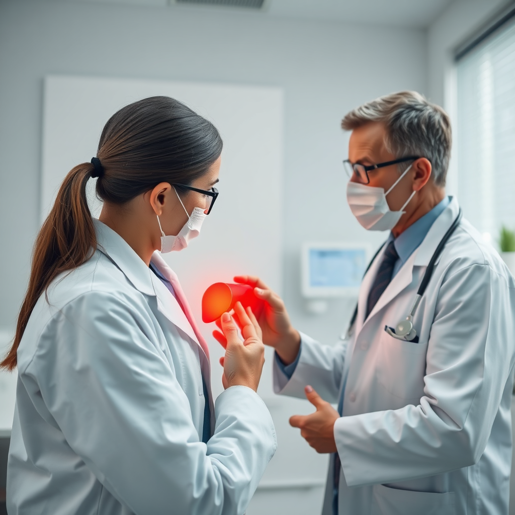 A photorealistic image of a doctor examining a patient's liver during a check-up. The environment is a clean and modern doctor's office. Style: Medical photography. 8k Resolution.