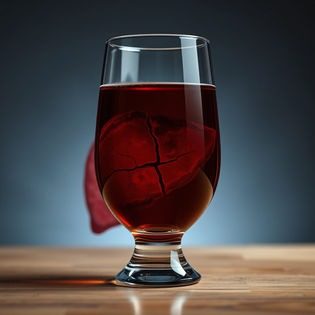 A photorealistic image of a glass of alcohol with a cracked liver in the background, symbolizing the negative impact of alcohol on liver health. Style: Conceptual photography. 8k Resolution.
