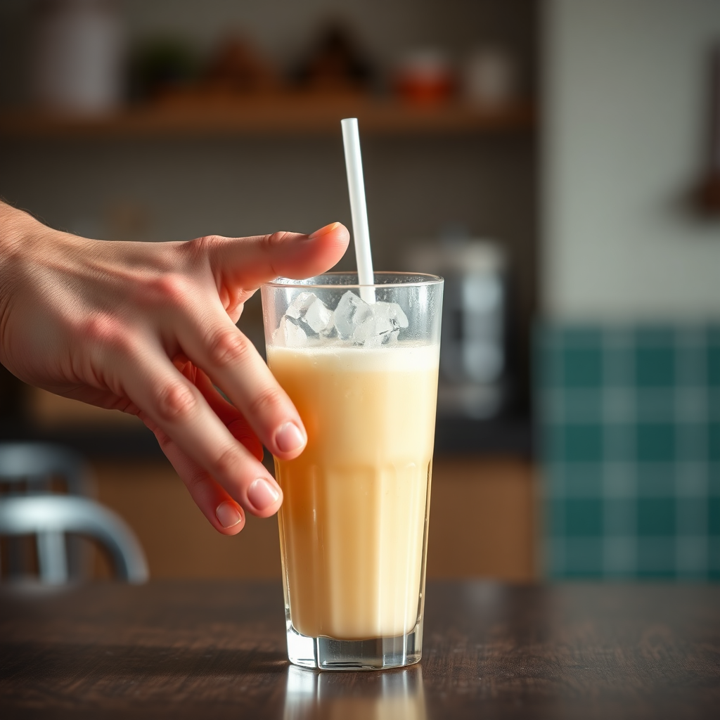 A photorealistic image of a hand gently pushing away a sugary drink. Focus on the drink and the gesture of refusal. The lighting is subtle, creating a sense of restraint. The background should be a blurred cafe or kitchen setting. The color palette includes muted tones of sugar based drinks, contrasting with a healthy background color. The style is natural, emphasizing self-control.