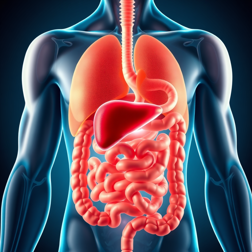 A photorealistic image of a healthy digestive system with a vibrant, healthy liver at the center. The colors are bright and inviting, showcasing the smooth flow of digestion and nutrient absorption. Lighting highlights the different organs, creating a sense of depth and clarity. Style: Medical illustration. 8k Resolution.