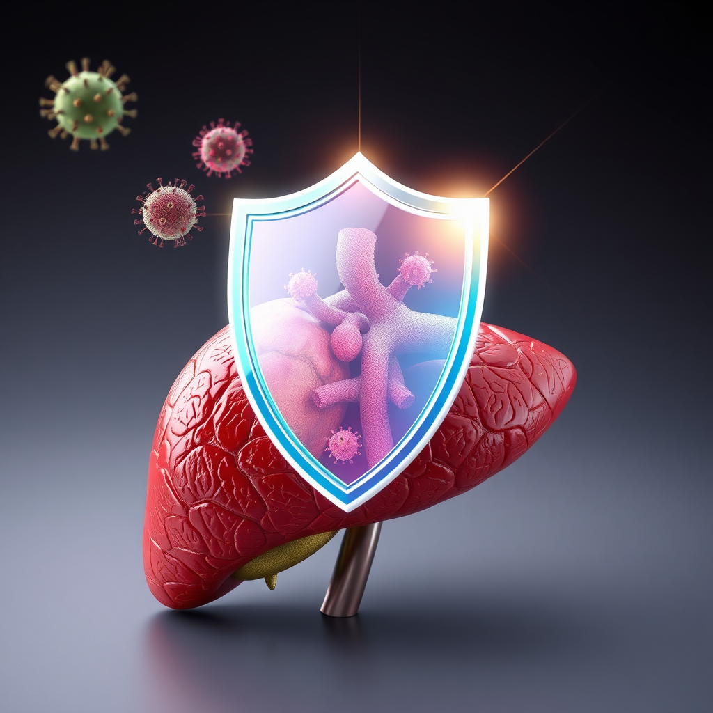 A photorealistic image of a liver with a shield protecting it from harmful invaders (viruses and bacteria). The shield should be shining brightly, symbolizing the liver's role in immune defense. Colors should be strong and protective. Style: Medical Illustration. 8k Resolution.