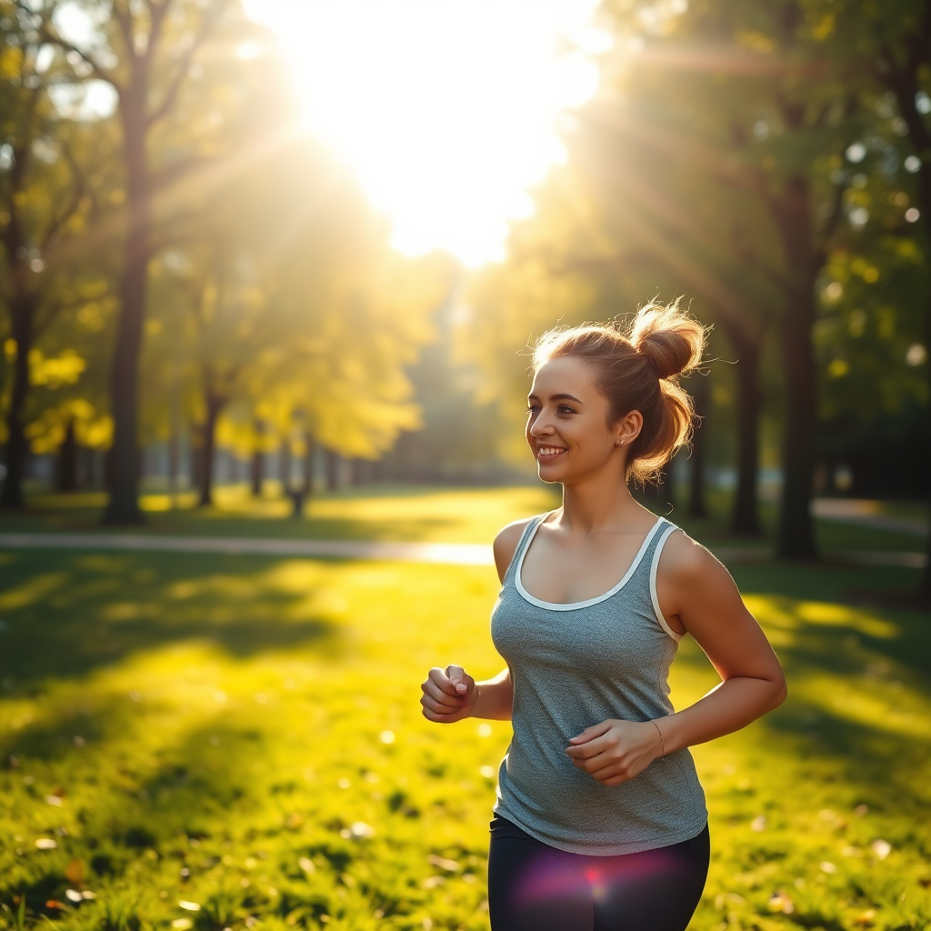 A photorealistic image of a person enjoying a brisk walk in a park, with sunlight filtering through the trees. The person should appear healthy and active, symbolizing the positive effects of exercise. Style: Lifestyle photography. 8k Resolution.