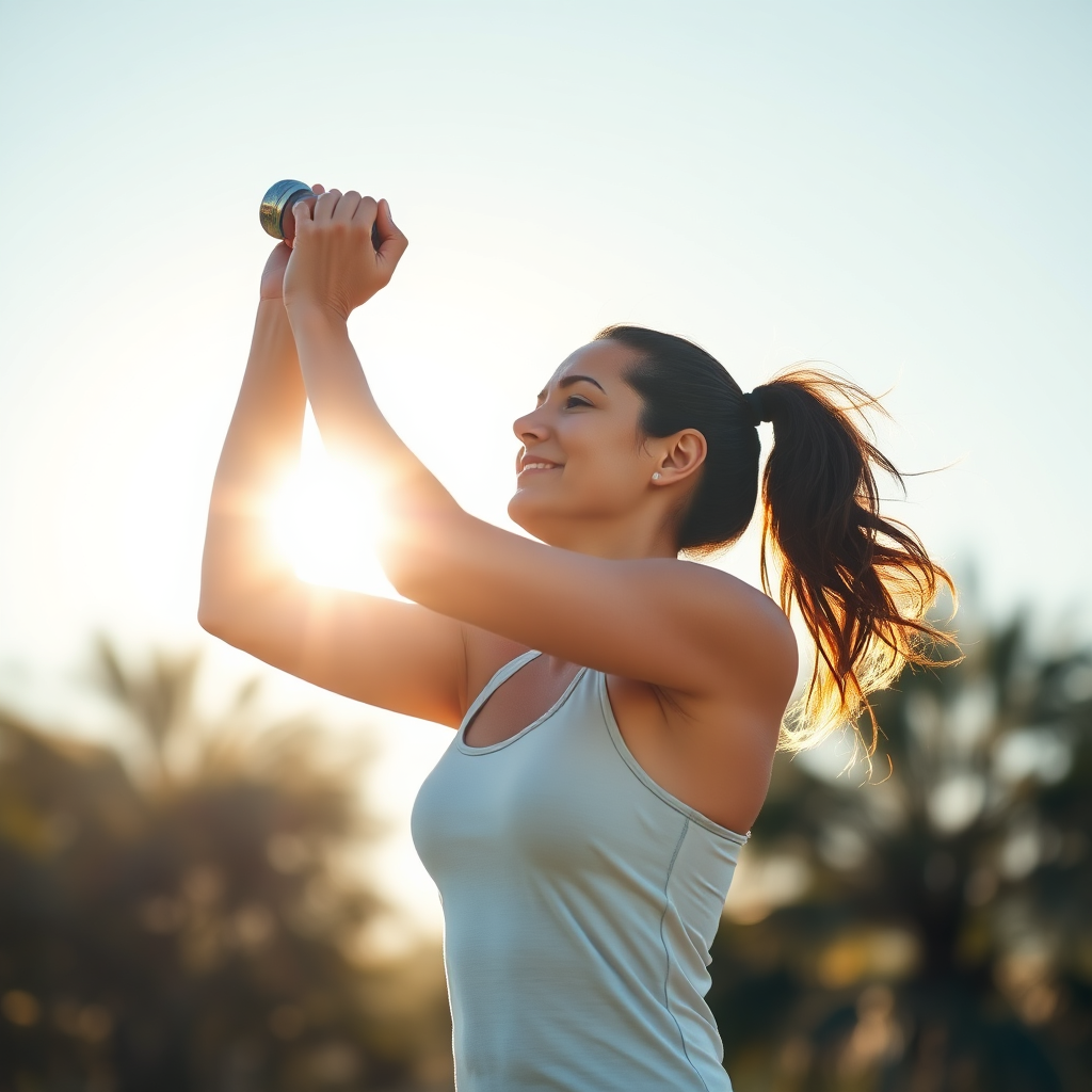 A photorealistic image of a person exercising outdoors, with a bright, sunny sky in the background. The person should appear energetic and healthy, symbolizing the positive effects of exercise on liver health. Style: Lifestyle photography. 8k Resolution.