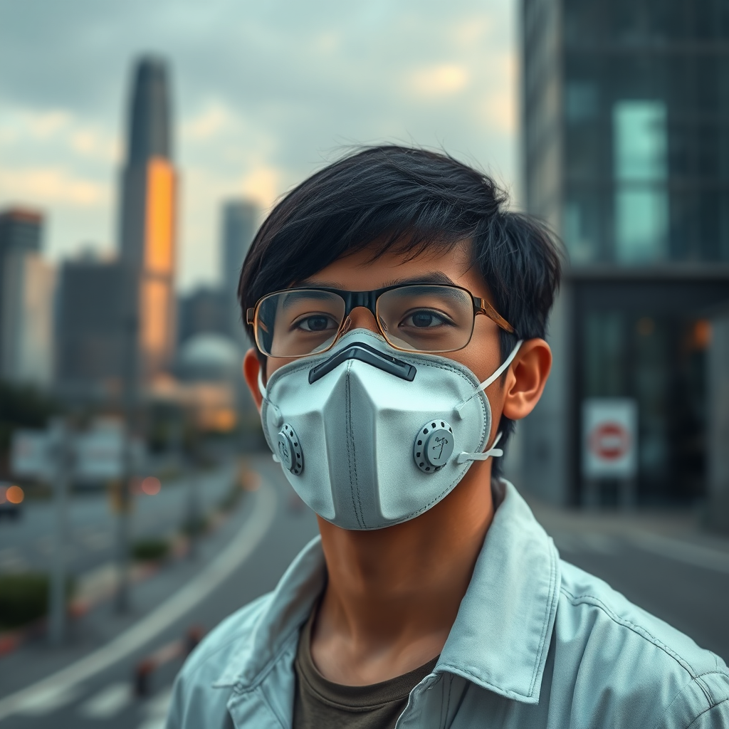 A photorealistic image of a person wearing a mask to protect themselves from pollution, with a cityscape in the background. The image should convey a sense of awareness and protection. Style: Environmental photography. 8k Resolution.