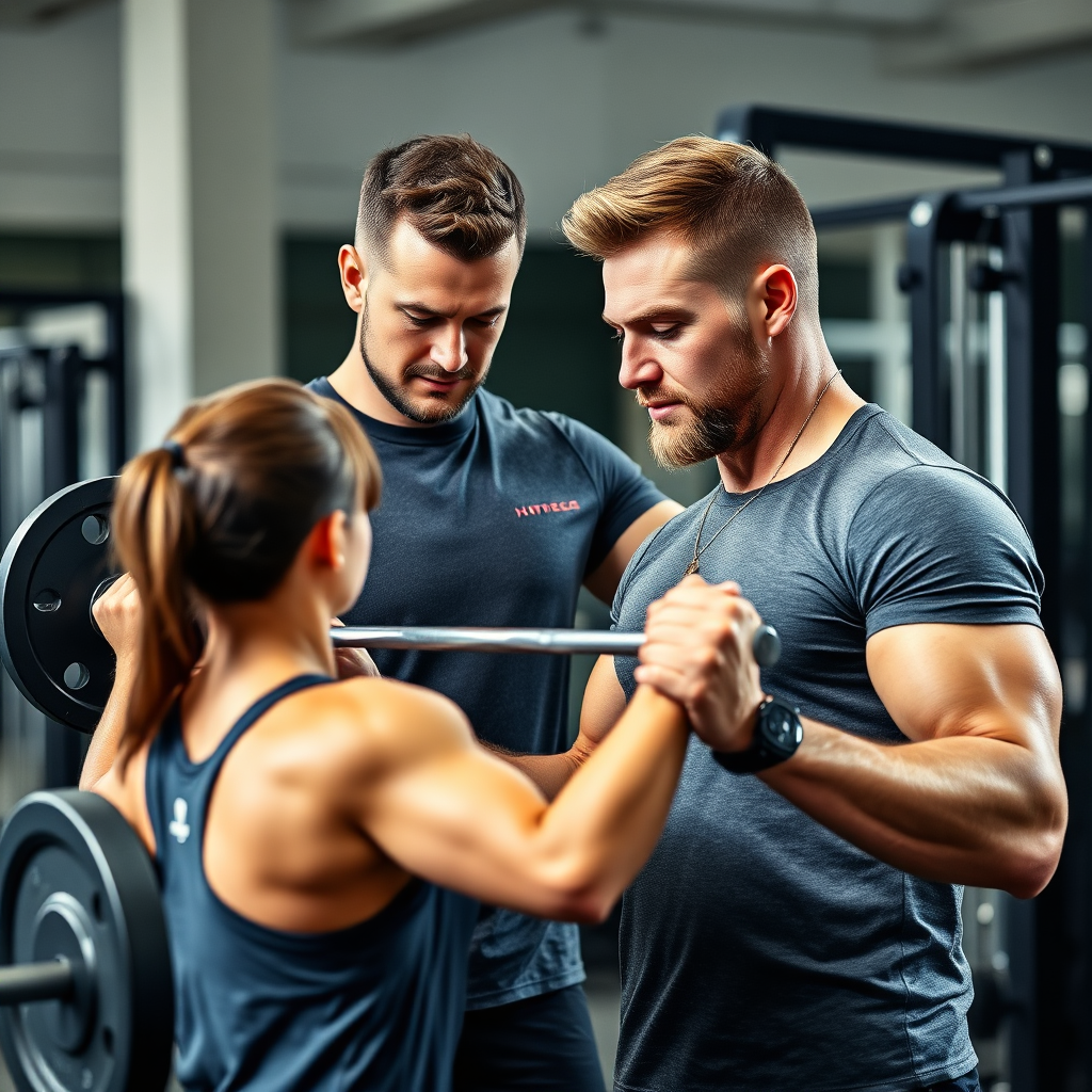 A photorealistic image of a personal trainer guiding a client through a weightlifting exercise. The focus is on proper form and technique. The lighting is bright and clear, highlighting the muscles being used. The background is a well-equipped gym setting.