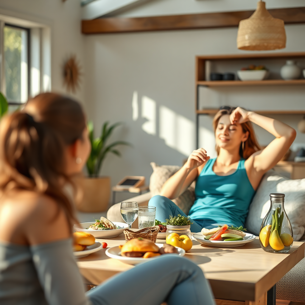 A photorealistic image of a person enjoying a balanced lifestyle, including healthy eating, exercise, and relaxation. The scene should be peaceful and harmonious, symbolizing overall well-being. Style: Lifestyle photography. 8k Resolution.