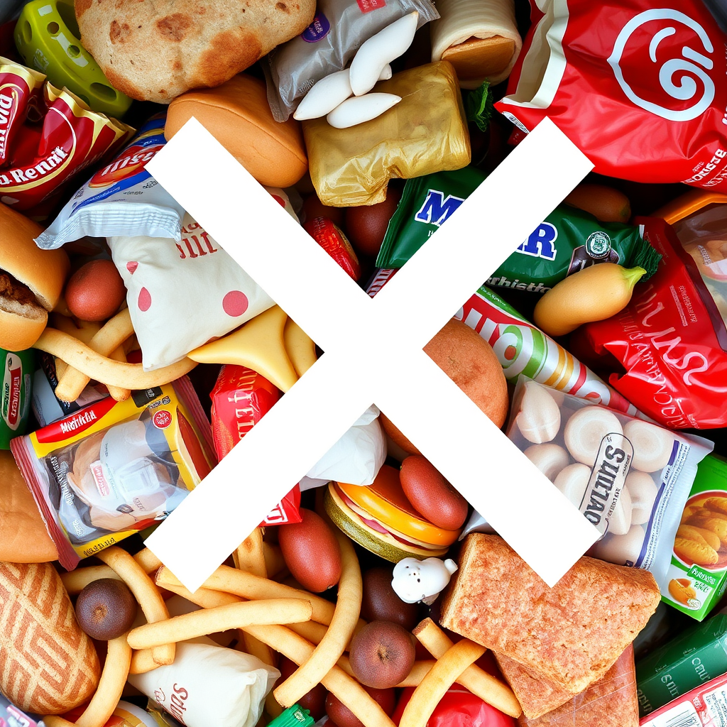 A photorealistic image of a pile of unhealthy processed foods (e.g., fast food, sugary snacks) with a large 'X' over it, symbolizing avoidance. Colors should be unappetizing. Style: Food photography. 8k Resolution.