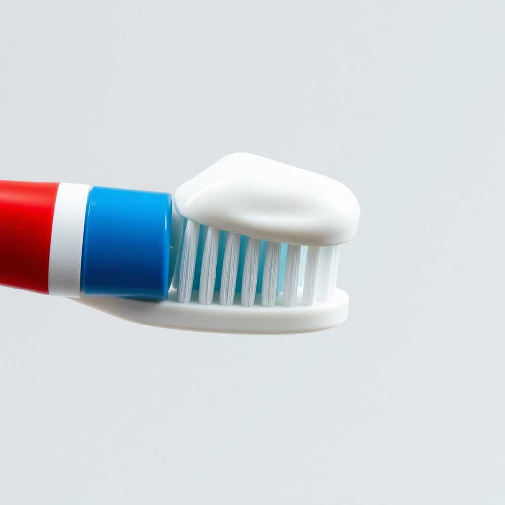 A photorealistic image of a toothbrush with fluoride toothpaste being applied. Focus on the toothpaste itself with subtle hints of the brush head. The lighting is direct and focused, highlighting the texture of the toothpaste. The colors are dental white and a accent color to signify the toothpaste itself. The style is clean, modern, and hygienic. The background will be out of focus.