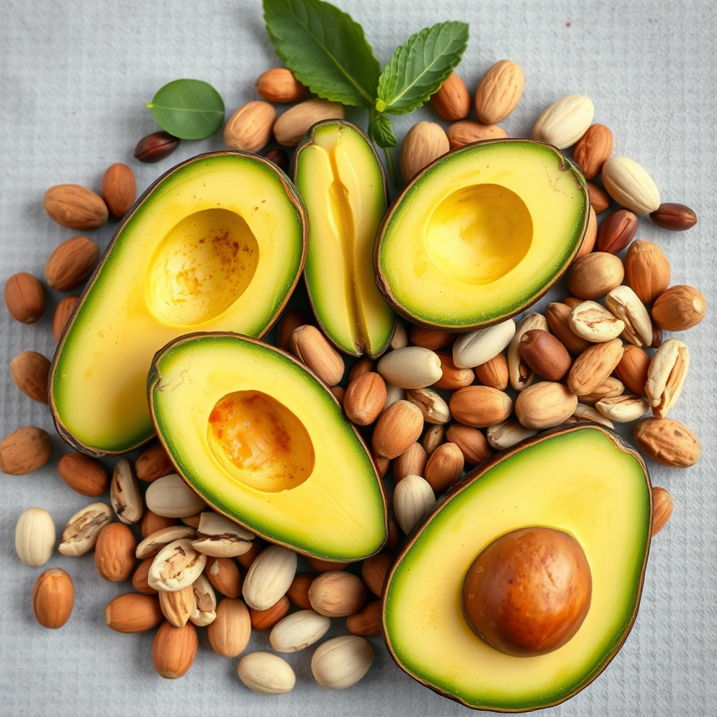 A photorealistic image of a variety of healthy fats such as avocados, nuts, and seeds arranged in a visually appealing way. The colors should be natural and inviting. Style: Food photography. 8k Resolution.
