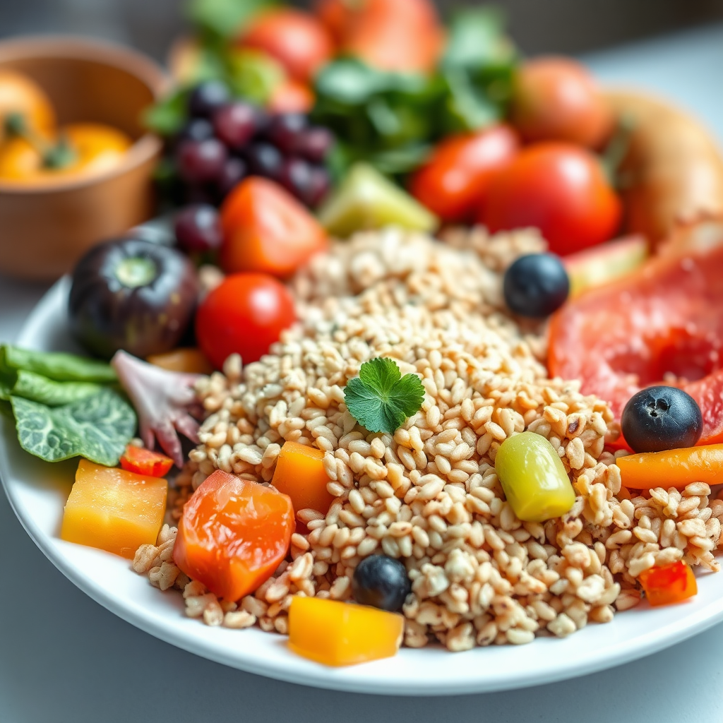 A photorealistic image of a vibrant, colorful plate filled with a variety of fruits, vegetables, and whole grains. The arrangement is visually appealing and showcases the diversity of healthy foods. The lighting is bright and natural, highlighting the colors of the food. The style is nutritional and welcoming. The background is clean and blurred.