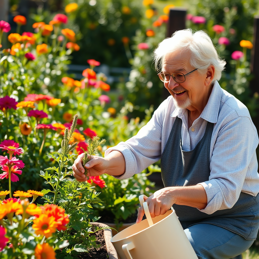 A photorealistic image of an elderly person gardening with ease and enjoyment. The lighting is warm and sunny, highlighting their active lifestyle. The color palette is vibrant and cheerful, reflecting their happiness. The background is a lush garden filled with colorful flowers.