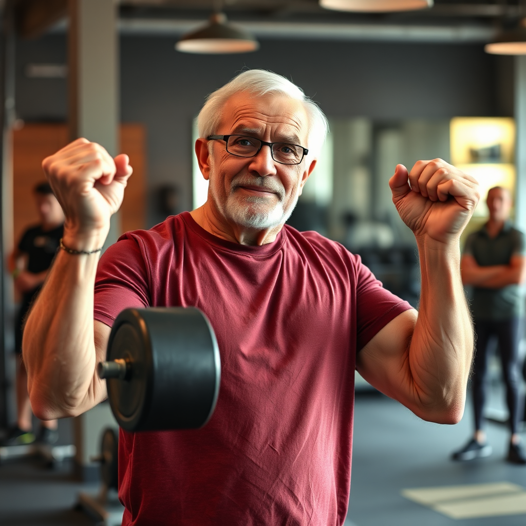A photorealistic image of an older adult confidently lifting weights. The lighting is warm and motivational, highlighting their determination. The background is a modern gym setting with supportive trainers in the background.