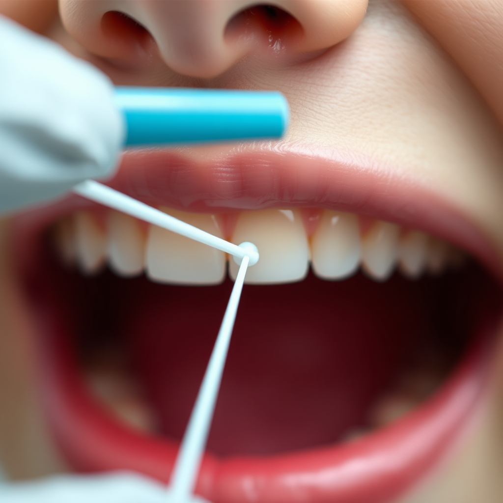 A photorealistic image of dental floss being used between teeth. The focus will be on the floss itself and the tight space between the teeth. The lighting is diffused, showing the gums and teeth to be healthy. The color palette will be bright and clean. The style is clinical, showing hygiene at its finest. A blurred background will provide depth.