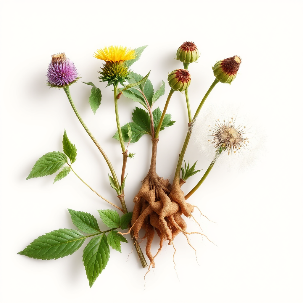 A photorealistic image of milk thistle and dandelion root plants, with detailed depictions of their leaves, flowers, and roots. The lighting should be soft and natural, highlighting the medicinal properties of the plants. Style: Botanical illustration. 8k Resolution.