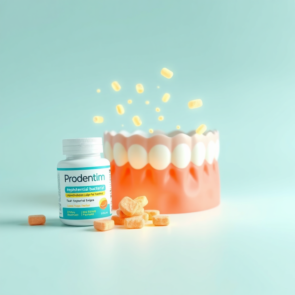 A photorealistic image of Prodentim tablets or chews positioned in a way that they appear to be releasing tiny, glowing particles of beneficial bacteria. These particles gently float and surround healthy teeth and gums, symbolizing the replenishment process. The background is clean and minimalist, with a gradient of light blue and green. The lighting is soft and diffused, highlighting the subtle details of the product and the released bacteria. The style is modern and scientific, emphasizing the advanced formulation of Prodentim.