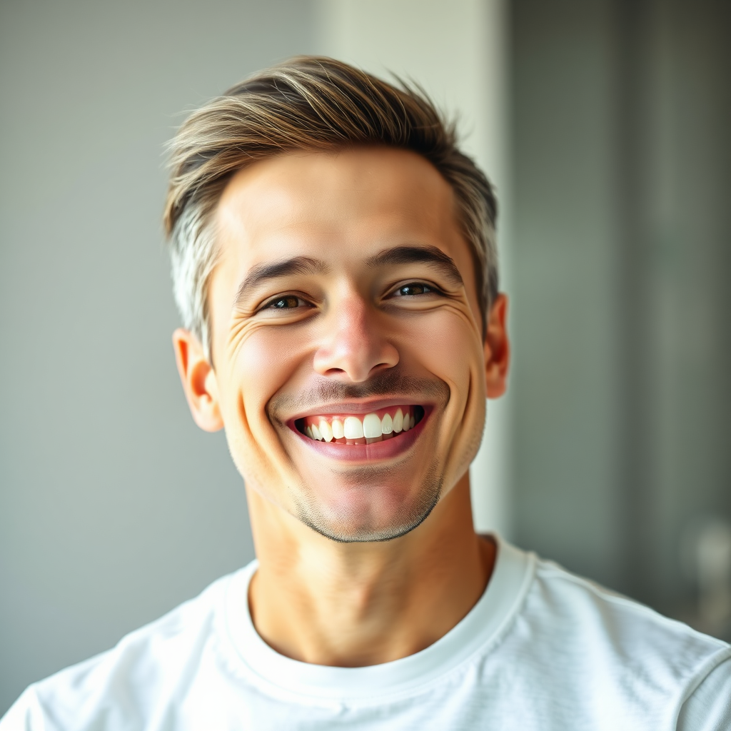 A photorealistic image showcasing a confident person smiling brightly with fresh breath. The background is intentionally blurred to emphasize the person's smile and confidence. The lighting is bright and natural, highlighting the person's healthy teeth and gums. The color palette is vibrant and positive, with whites, blues, and greens. The style is modern and aspirational, emphasizing the benefits of fresh breath.