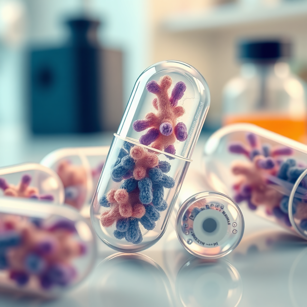 A photorealistic, macro image showcasing a close-up view of oral probiotic capsules with visible probiotic cultures inside. The capsules are translucent, allowing the viewer to see the complex textures of the probiotic ingredients. The background is a softly blurred laboratory setting with subtle hints of scientific equipment. The lighting is bright and focused, highlighting the microscopic detail of the probiotic cultures. The color palette is clean and clinical, with whites, blues, and greens. The style is scientific and modern, emphasizing the advanced technology behind oral probiotics.