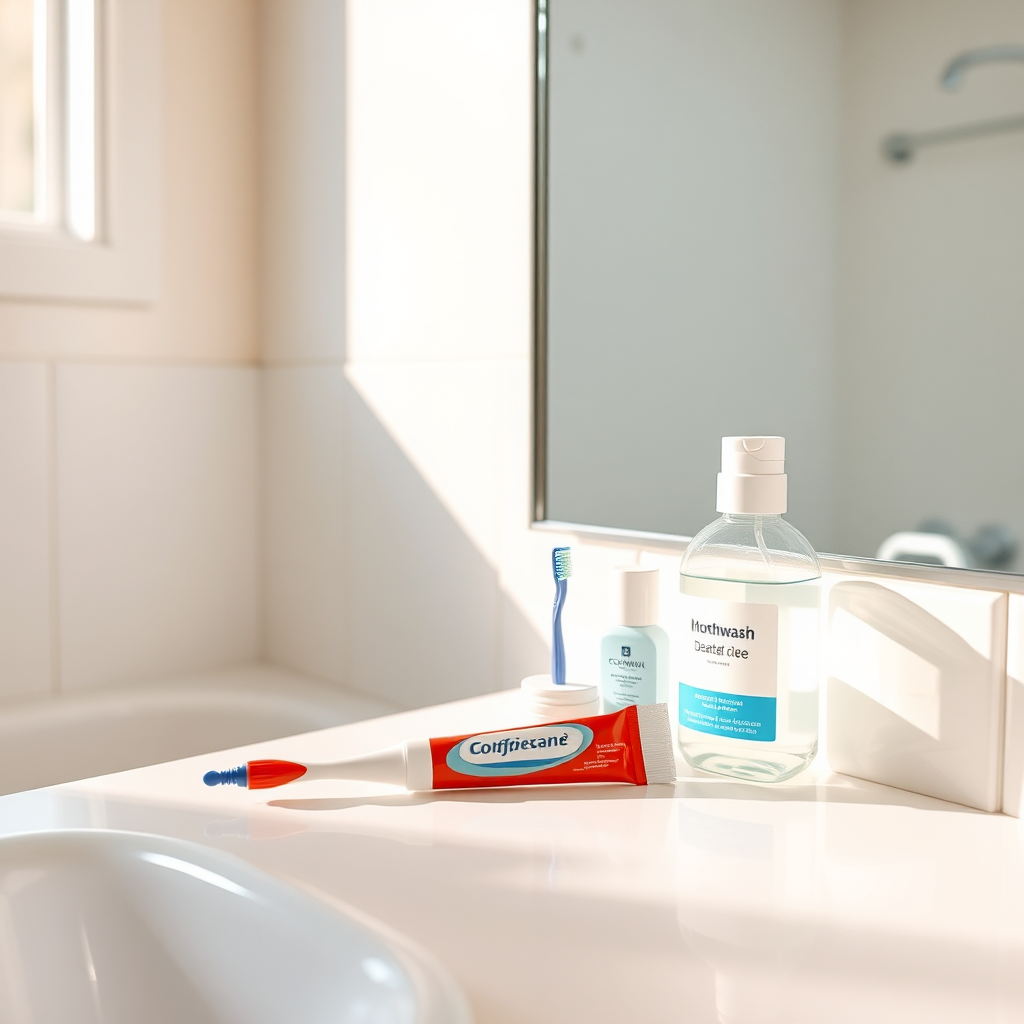 A photorealistic scene of a clean, modern bathroom with natural light. On the counter are neatly arranged dental care essentials: a toothbrush, toothpaste, floss, and mouthwash. The lighting is warm and inviting, highlighting the sense of calm and routine. The color palette is clean and bright. The style is domestic, showcasing a simple routine.