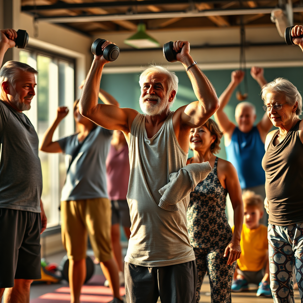 A photorealistic, ultra-high-quality 8K image showcasing a diverse group of individuals aged 25-75, all radiating vitality and strength. The composition should feature them engaged in various activities – weightlifting, yoga, hiking, playing with grandchildren – demonstrating different facets of physical fitness across the lifespan. The lighting should be natural and warm, evoking a sense of energy and well-being. The color palette should be vibrant, emphasizing health and vitality. The camera angle should be slightly low, emphasizing the subjects' strength and resilience. Textures should be highly detailed, showcasing muscle definition and healthy skin. The environment should be a blend of indoor gym settings and outdoor natural landscapes. Props could include weights, yoga mats, hiking gear, and family members. The style should be aspirational and empowering, reflecting a commitment to lifelong fitness. Hyperrealistic detail is essential for conveying the message of attainable strength at any age.