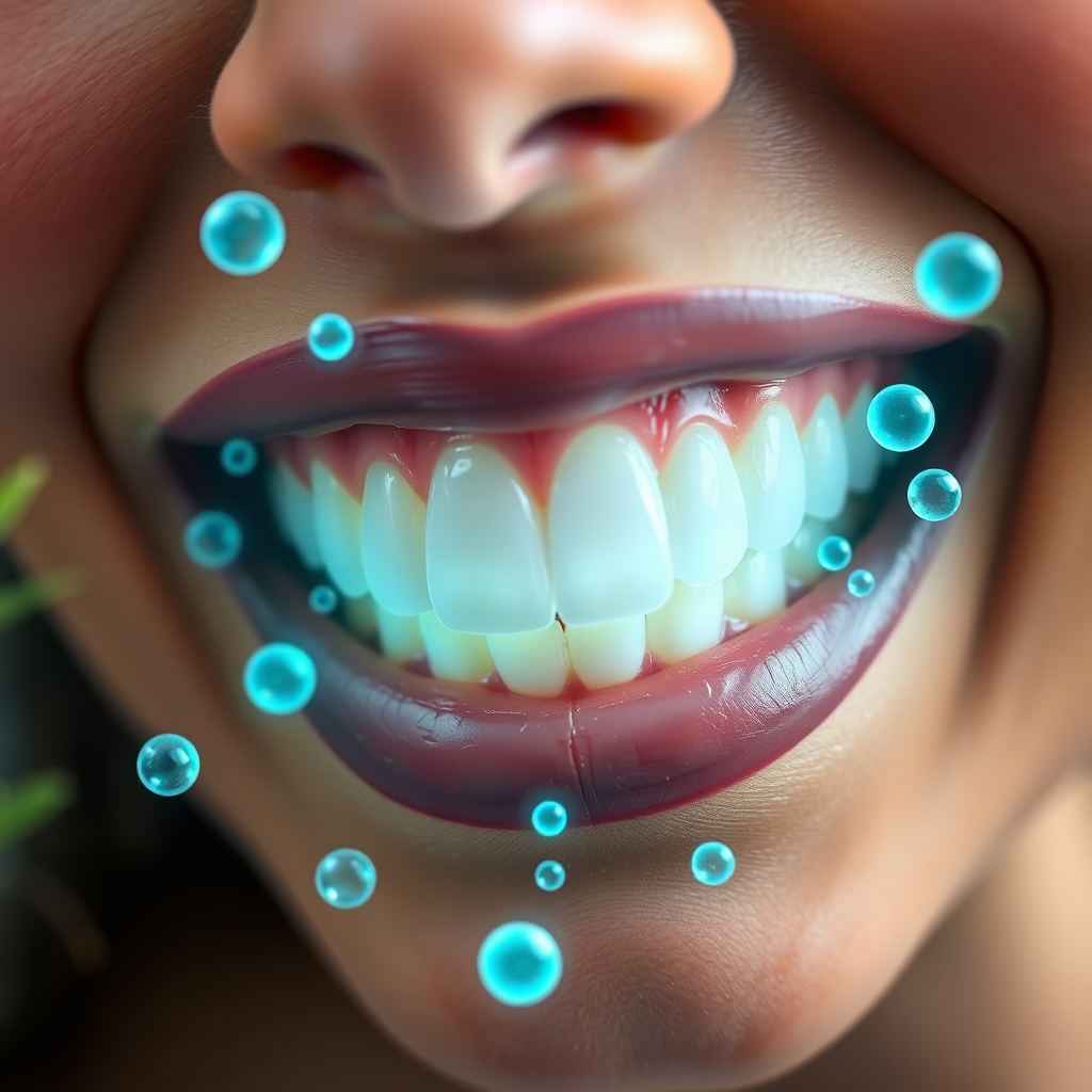 A photorealistic, ultra-high quality 8K image showcasing the essence of dental health with Prodentim. The central subject is a radiant, healthy smile with perfectly aligned teeth. Surrounding the smile are abstract representations of beneficial bacteria, depicted as glowing orbs of light in varying sizes and shades of blue and green. These orbs gently encircle and protect the teeth, symbolizing Prodentim's probiotic action. The lighting should be soft and diffused, creating a sense of warmth and well-being. The color palette leans towards clean, bright whites, blues, and greens to convey freshness and health. The camera angle is a close-up, focusing on the detail and texture of the teeth and gums. The environment is a blurred, out-of-focus background with hints of natural elements like water droplets and plant life. Style references include the clean, modern aesthetic of dental product advertising. The image should be hyperrealistic, capturing the subtle details of the human mouth and the microscopic world of bacteria.